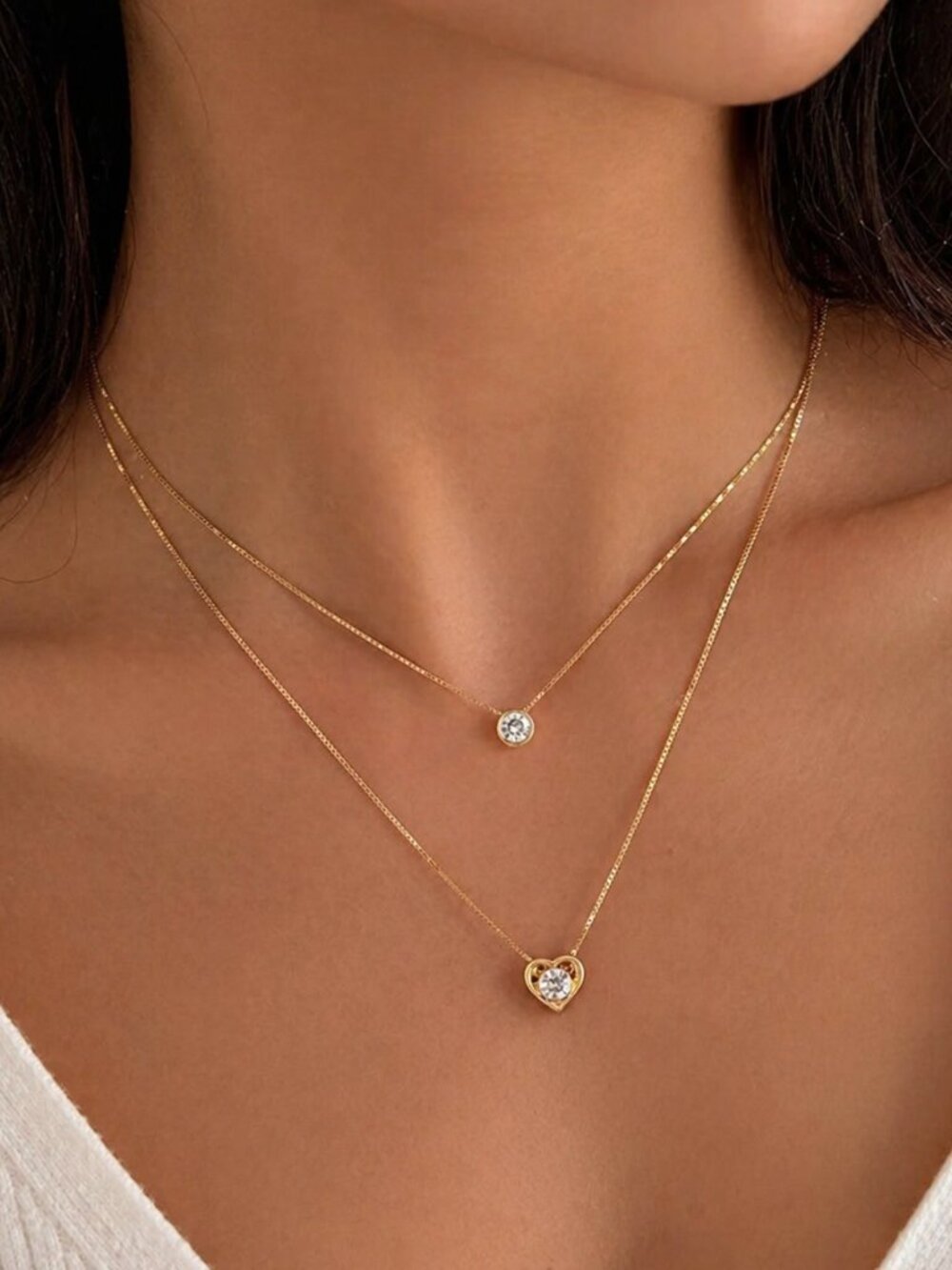 Gold Layered Necklace Double Chain Heart Pendant Minimal Dainty Jewelry